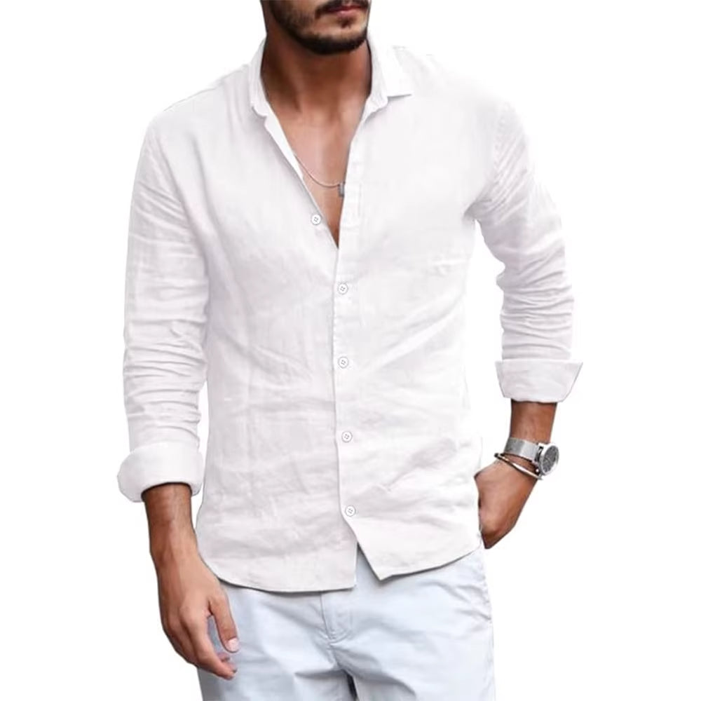 Summer Men Shirt Beach Cotton and Linen Shirts Men Cardigan Tops Long Sleeved Lapel Collar Men Clothing